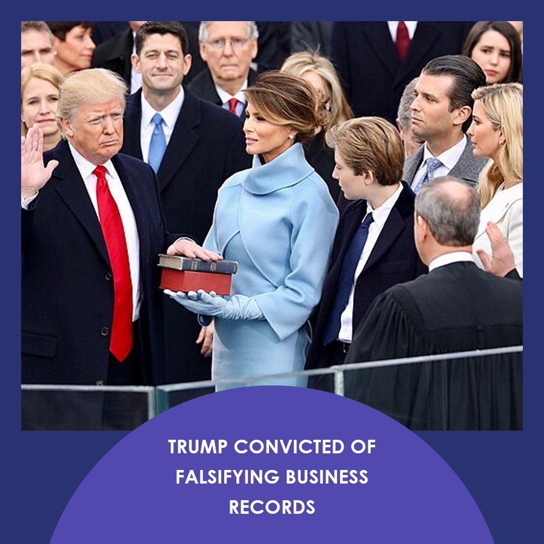 Photo by Capitalist Money on June 16, 2024. May be an image of Donald Trump, accompanied by his family, participates in a public ceremony. He is holding a book, possibly during an oath-taking. The image may contain text such as 'TRUMP CONVICTED OF FALSIFYING BUSINESS RECORDS'.