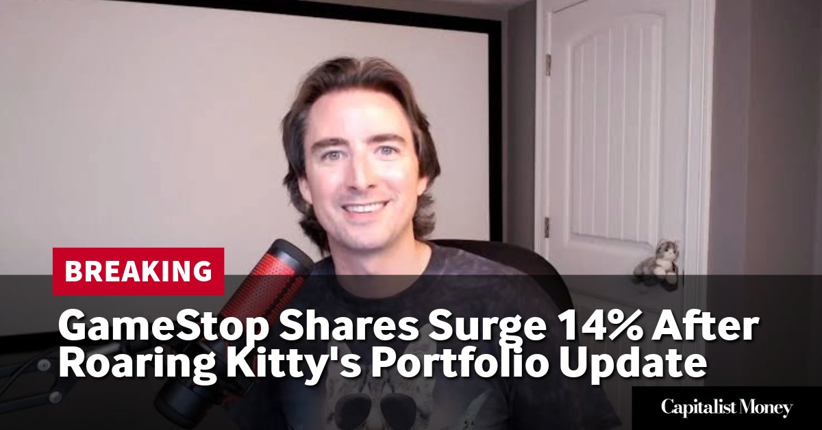 Photo by Capitalist Money on June 14, 2024. May be an image of A man with short brown hair and a black t-shirt smiles in a YouTube thumbnail. The thumbnail says "BREAKING GameStop Shares Surge 14% After Roaring Kitty's Portfolio Update" The image may contain text such as 'BREAKING', 'GameStop Shares Surge 14% After Roaring Kitty's Portfolio Update', 'Capitalist Money'.