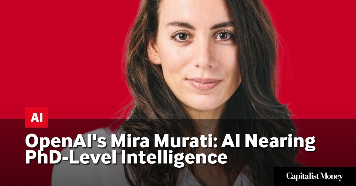 Photo by Capitalist Money on June 23, 2024. May be an image of Mira Murati, OpenAI's Chief Technology Officer, against a vibrant red background. Her confident expression reflects the groundbreaking work being done in artificial intelligence. The image may contain text such as 'AI', 'OpenAI's Mira Murati: AI Nearing PhD-Level Intelligence', 'Capitalist Money'.