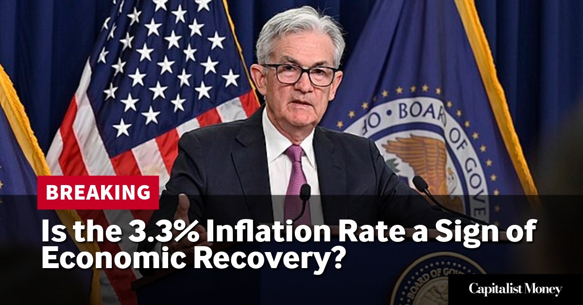 Photo by Capitalist Money on June 12, 2024. May be an image of Jerome Powell, the Chair of the Federal Reserve, stands at a podium with American flags in the background, discussing the recent inflation rate. The image may contain text such as 'BREAKING', 'Is the 3.3% Inflation Rate a Sign of Economic Recovery?', 'Capitalist Money', 'BOARD OF GOVE', 'BOARD OF GO'.