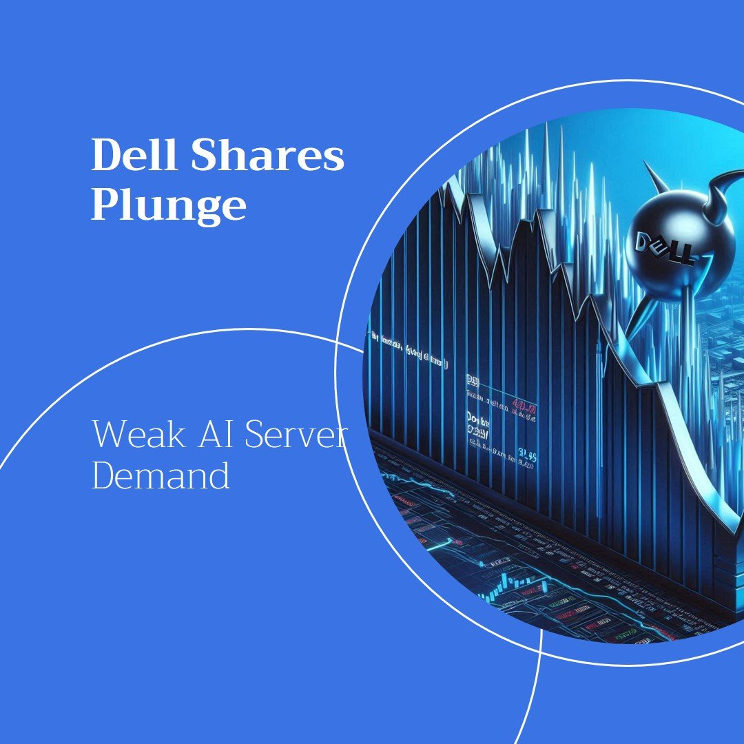 Photo by Capitalist Money on June 01, 2024. May be an image of A blue stock market graph with a downward trend represents the recent plunge in Dell shares. This decline is attributed to a weakening demand for AI servers. The image may contain text such as 'Dell Shares Plunge', 'Weak AI Server Demand'.