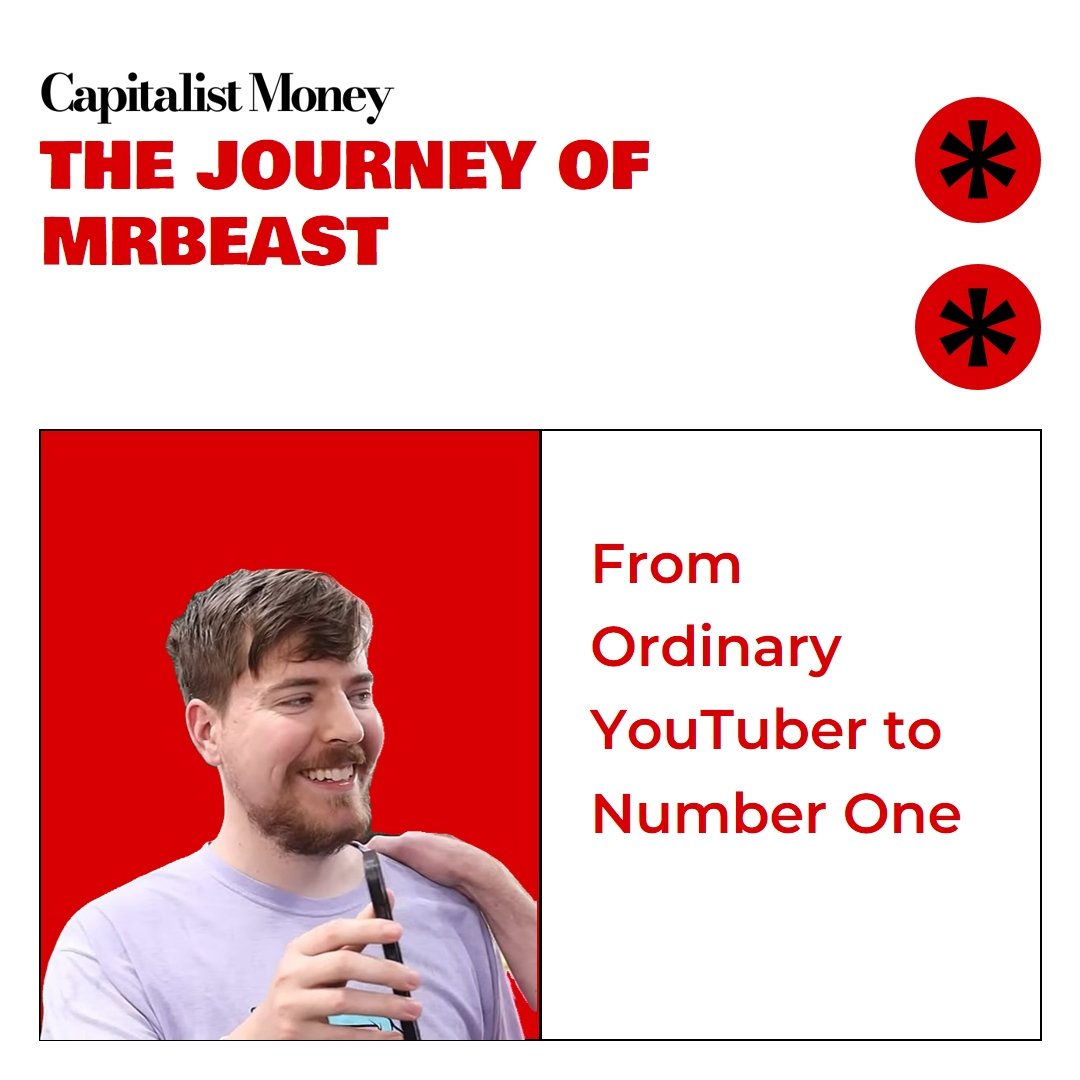 Photo by Capitalist Money on June 02, 2024. May be an image of A red and white graphic with a picture of MrBeast smiling. The text reads "Capitalist Money" at the top, then, "THE JOURNEY OF MRBEAST." On the right it says "From Ordinary YouTuber to Number One" The image may contain text such as 'Capitalist Money', 'THE JOURNEY OF', 'MRBEAST', 'From', 'Ordinary', 'YouTuber to', 'Number One'.