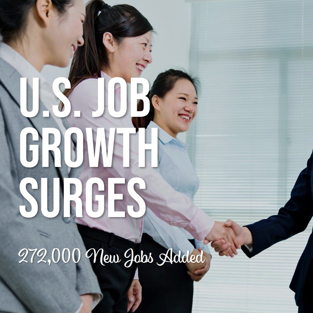 Photo by Capitalist Money on June 07, 2024. May be an image of Four women in business attire stand in an office, smiling as one shakes hands with the unseen person taking the picture. The image is overlaid with the text: U.S. JOB GROWTH SURGES, 272,000 New Jobs Added The image may contain text such as 'U.S. JOB GROWTH SURGES', '272,000 New Jobs Added'.