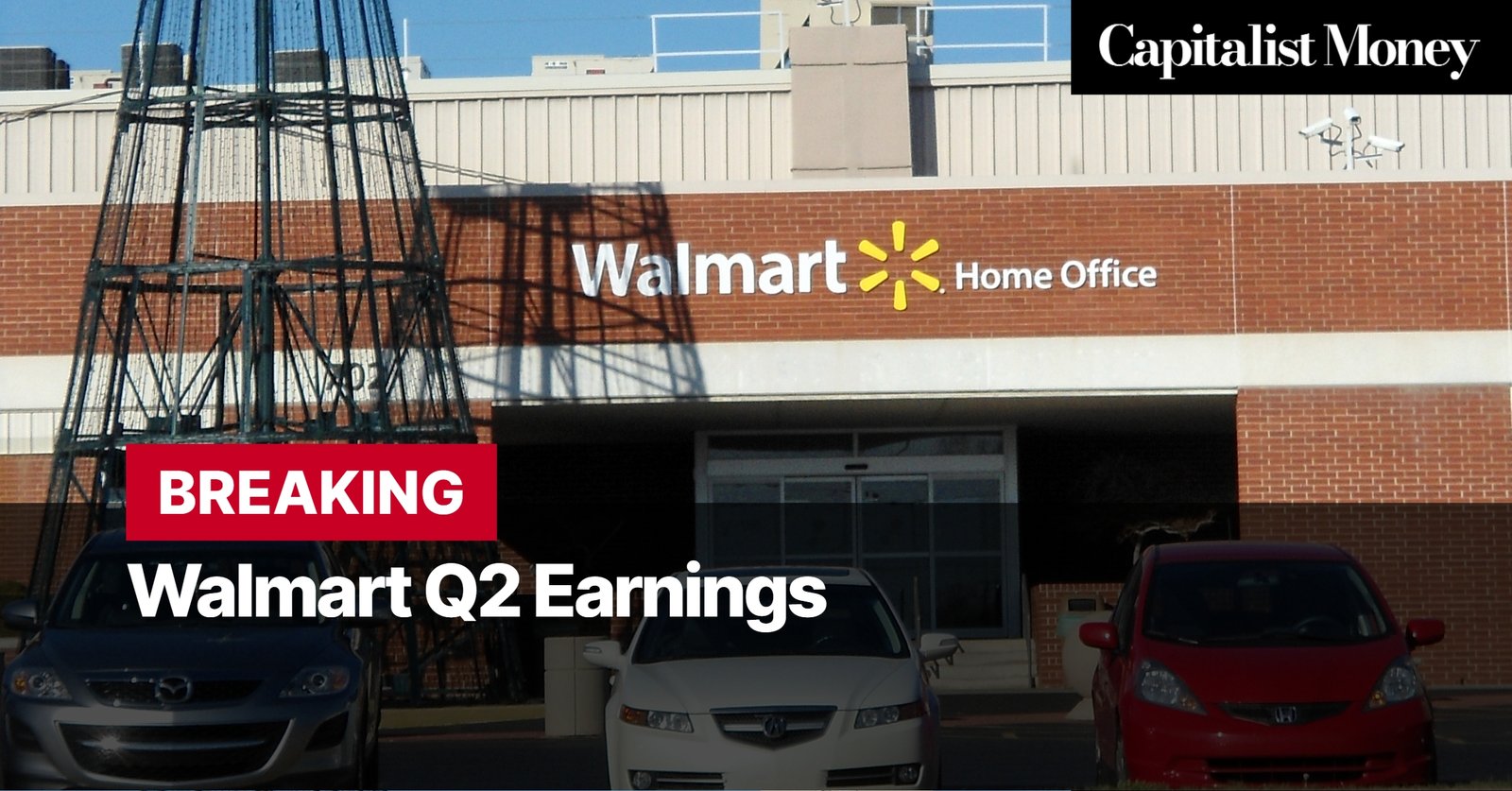 Photo by Capitalist Money on August 14, 2024. May be an image of The picture showcases the exterior of a Walmart Home Office building. A prominent 'Walmart' sign is visible, along with a 'Home Office' designation. The presence of cars in the parking lot suggests business operations. The image may contain text such as 'Capitalist Money', 'Walmart', 'Home Office', 'BREAKING', 'Walmart Q2 Earnings'.