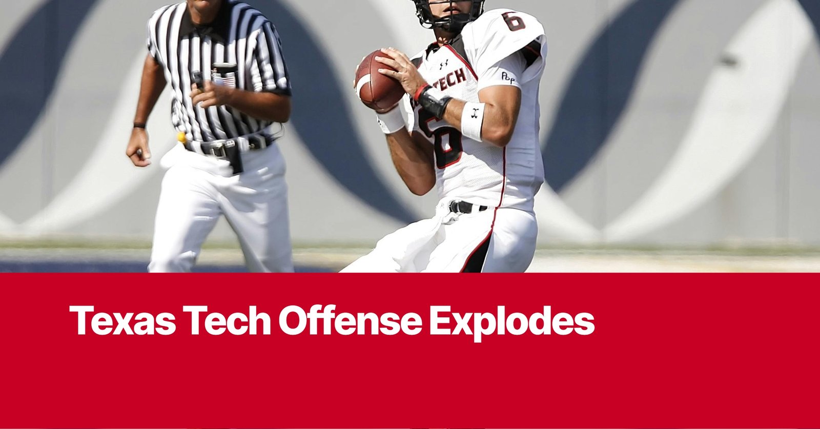 Photo by Capitalist Money on September 15, 2024. May be an image of A Texas Tech quarterback throws a football during a game. He is wearing a white jersey with red and black accents. The referee is running towards him. The image is cropped and only shows the upper half of the two figures. The image may contain text such as 'Texas Tech Offense Explodes'.