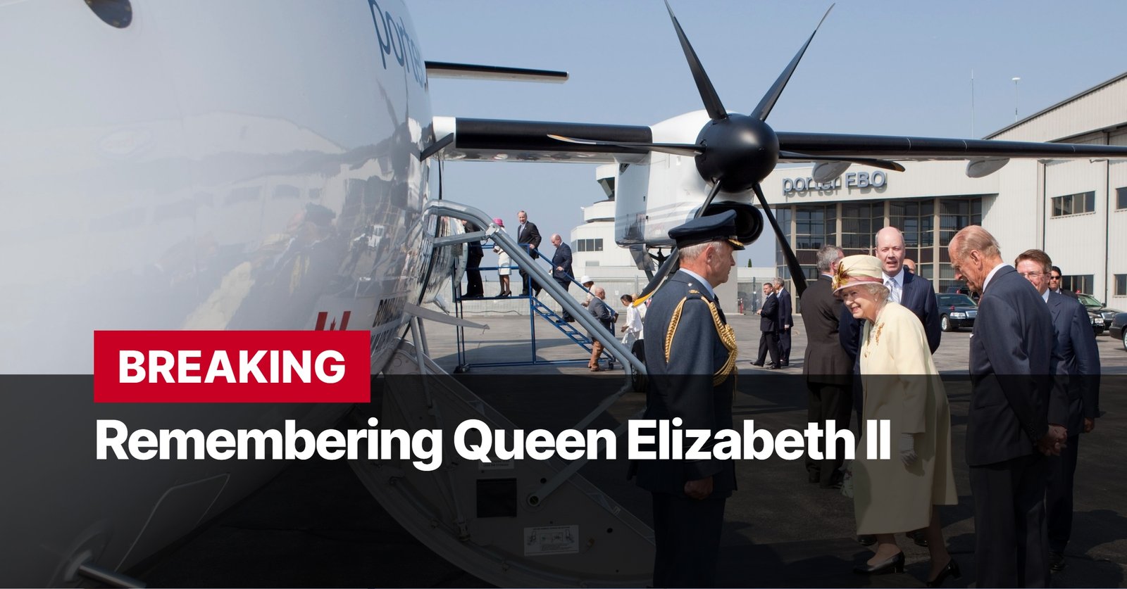 Photo by Capitalist Money on September 08, 2024. May be an image of Queen Elizabeth II is seen disembarking a plane in this photo. She is wearing a beige coat and a hat. Prince Philip is beside her in a suit, along with several other people. The image may contain text such as 'BREAKING', 'Remembering Queen Elizabeth II'.