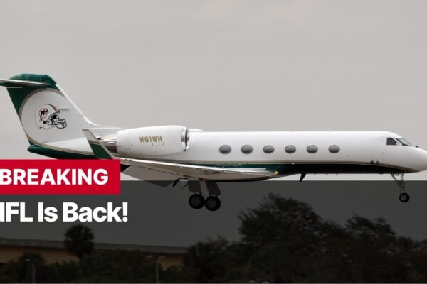 Photo by Capitalist Money on September 09, 2024. May be an image of A white private jet with green accents and the Miami Dolphins logo is landing on a runway. The image may contain text such as 'BREAKING NFL Is Back!'.