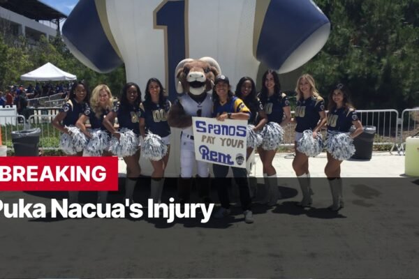 Photo by Capitalist Money on September 09, 2024. May be an image of A group of cheerleaders in blue and gold uniforms pose for a picture with the LA Rams mascot Rammy. The image may contain text such as 'BREAKING', 'Puka Nacua's Injury', 'Spanos', 'PAY YOUR', 'RENT'.