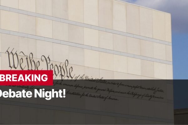 Photo by Capitalist Money on September 10, 2024. May be an image of A building with a black banner across the bottom that says "Breaking Debate Night!" The building has "We the People" written on the side with the text from the preamble of the constitution below it. The image may contain text such as 'We the People of the United States, in order to form a more perfect Union, establish Justice, insure domestic Tranquility, provide for the common defence, promote the general Welfare, and secure the Blessings of Liberty to ourselves and our Posterity, do ordain and establish this Constitution for the United States of America.', 'BREAKING', 'Debate Night!'.