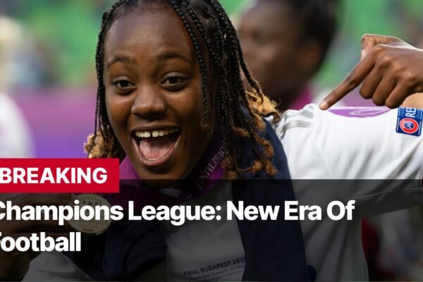 Photo by Capitalist Money on September 16, 2024. May be an image of A young woman in a soccer uniform is smiling and pointing to her Champions League medal. She is celebrating a win with her team. The image may contain text such as 'BREAKING', 'Champions League: New Era Of Football'.