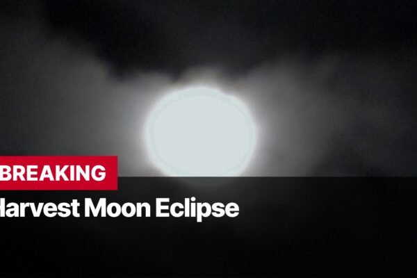 Photo by Capitalist Money on September 17, 2024. May be an image of A bright full moon, possibly during a lunar eclipse, dominates the night sky with clouds surrounding it, in this image. The word "BREAKING" and "Harvest Moon Eclipse" appear in white letters below the moon in black and red. The image may contain text such as 'BREAKING', 'Harvest Moon Eclipse'.