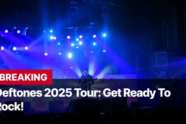 Photo by Capitalist Money on September 18, 2024. May be an image of The image shows the Deftones performing on stage, bathed in blue lights, with the band's 2025 tour banner emblazoned above them. The image may contain text such as 'BREAKING', 'Deftones 2025 Tour: Get Ready To', 'Rock!'.