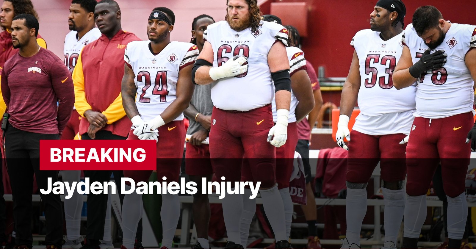 Photo by Capitalist Money on October 21, 2024. May be an image of The Washington Commanders players stand with heads bowed in prayer on the field, as news of a serious injury breaks. The image may contain text such as 'BREAKING Jayden Daniels Injury'.