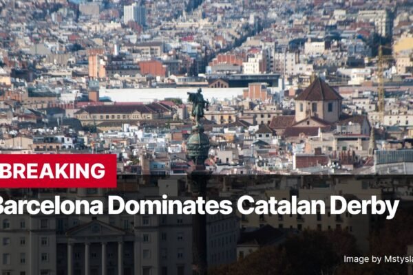 Photo by Capitalist Money on November 04, 2024. May be an image of An aerial view of Barcelona, Spain with the text "BREAKING Barcelona Dominates Catalan Derby" superimposed over the image. The image may contain text such as 'BREAKING', 'Barcelona Dominates Catalan Derby', 'Image by Mstyslav Chernov'.