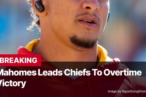 Photo by Capitalist Money on November 05, 2024. May be an image of A close-up image of Patrick Mahomes, the quarterback for the Kansas City Chiefs, with a determined look on his face. He is wearing a red and gold jersey and has a wireless earpiece in his left ear. The image may contain text such as 'BREAKING Mahomes Leads Chiefs To Overtime Victory Image by NguoiDungKhongDinhDanh'.