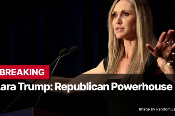 Photo by Capitalist Money on November 07, 2024. May be an image of A woman with long blonde hair is speaking at a podium. She is wearing a black sleeveless dress and a gold bracelet. The word "BREAKING" is in red letters at the top of the image, and the text "Lara Trump: Republican Powerhouse" is below it. The image may contain text such as 'BREAKING', 'Lara Trump: Republican Powerhouse', 'Image by RandomUserGuy1738'.