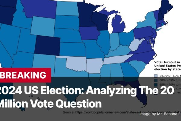 Photo by Capitalist Money on November 07, 2024. May be an image of A map of the United States showing voter turnout in the 2020 Presidential election by state. States with higher turnout are colored a darker blue, while states with lower turnout are colored lighter blue. The image may contain text such as 'BREAKING 2024 US Election: Analyzing The 20 Million Vote Question Voter turnout in the 2020 United States Presidential election by state. 54.99% - 60% turnout 60% - 65% turnout 65% - 70% turnout 70% - 75% turnout Over 75% turnout Source: https://worldpopulationreview.com/state-rankings/voter-turnout-by-state Image by Mr. Banana Fana Fo Filly'.