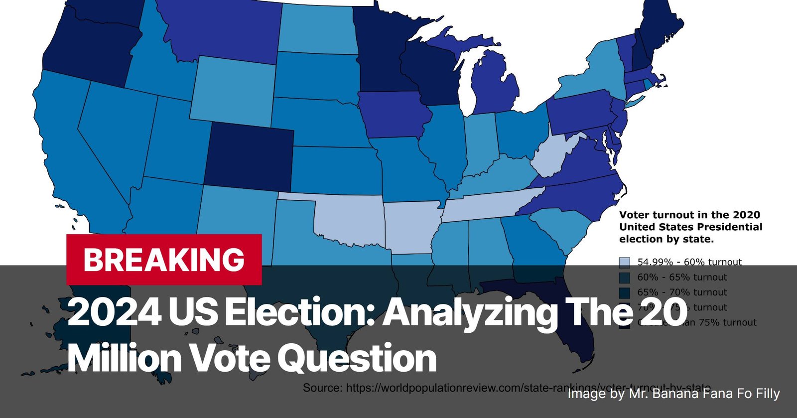 Photo by Capitalist Money on November 07, 2024. May be an image of A map of the United States showing voter turnout in the 2020 Presidential election by state. States with higher turnout are colored a darker blue, while states with lower turnout are colored lighter blue. The image may contain text such as 'BREAKING 2024 US Election: Analyzing The 20 Million Vote Question Voter turnout in the 2020 United States Presidential election by state. 54.99% - 60% turnout 60% - 65% turnout 65% - 70% turnout 70% - 75% turnout Over 75% turnout Source: https://worldpopulationreview.com/state-rankings/voter-turnout-by-state Image by Mr. Banana Fana Fo Filly'.