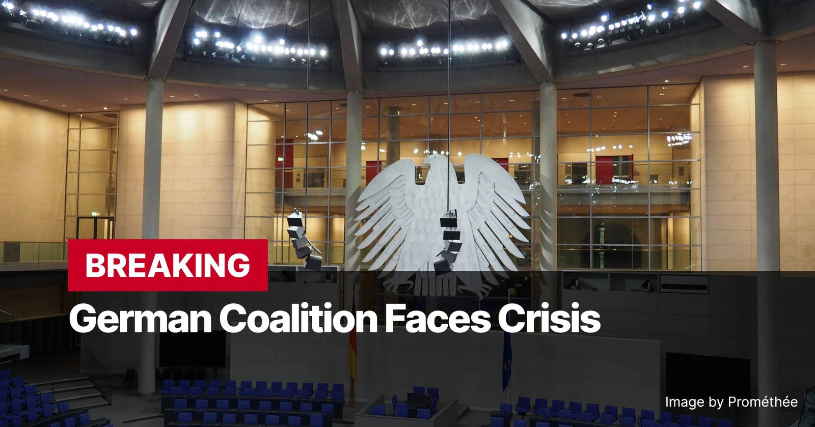 Photo by Capitalist Money on November 07, 2024. May be an image of The image shows the interior of a large hall, with a large eagle sculpture hanging on the wall. The hall is empty, with chairs arranged in rows. In the foreground, there is a banner that reads "BREAKING German Coalition Faces Crisis". This image suggests political instability and potential changes in German government. The image may contain text such as 'BREAKING', 'German Coalition Faces Crisis', 'Image by Prométhée'.