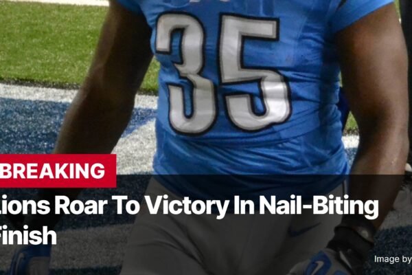 Photo by Capitalist Money on November 11, 2024. May be an image of A football player in a blue jersey with the number 35 on it celebrates a win. The player is kneeling on the field, and the image is captured in the moment of victory. The image may contain text such as 'BREAKING Lions Roar To Victory In Nail-Biting Finish Image by Kevindd810'.