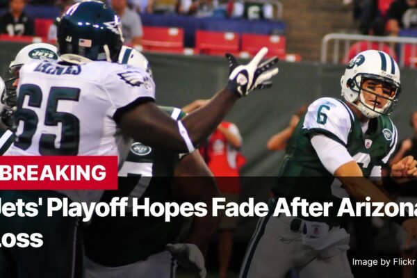 Photo by Capitalist Money on November 11, 2024. May be an image of A New York Jets player in a green jersey with the number 6 stands on the field with a disappointed expression on his face. He is surrounded by other players from the team. The text above them reads 'Jets' Playoff Hopes Fade After Arizona Loss'. The image may contain text such as 'BREAKING', 'Jets' Playoff Hopes Fade After Arizona', 'LOSS', 'Image by Flickr upload bot'.