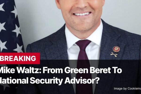 Photo by Capitalist Money on November 12, 2024. May be an image of A man in a suit and tie, with a green beret, is shown in front of a waving American flag. The text says "Mike Waltz: From Green Beret to National Security Advisor?". The image may contain text such as 'BREAKING', 'Mike Waltz: From Green Beret To', 'National Security Advisor?', 'Image by Cookiemmonster3232'.