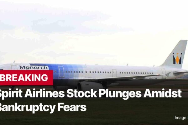 Photo by Capitalist Money on November 14, 2024. May be an image of A white airplane with blue and yellow accents is on the tarmac, with the words "BREAKING" and "Spirit Airlines Stock Plunges Amidst Bankruptcy Fears" superimposed on the image. The image may contain text such as 'BREAKING', 'Spirit Airlines Stock Plunges Amidst Bankruptcy Fears', 'Image by YiFeiBot'.