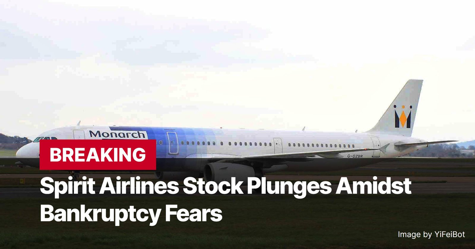 Photo by Capitalist Money on November 14, 2024. May be an image of A white airplane with blue and yellow accents is on the tarmac, with the words "BREAKING" and "Spirit Airlines Stock Plunges Amidst Bankruptcy Fears" superimposed on the image. The image may contain text such as 'BREAKING', 'Spirit Airlines Stock Plunges Amidst Bankruptcy Fears', 'Image by YiFeiBot'.