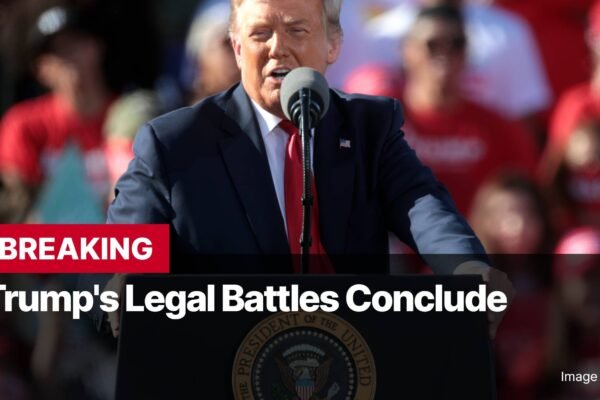 Photo by Capitalist Money on November 26, 2024. May be an image of Former President Donald Trump speaks at a rally. The headline "Trump's Legal Battles Conclude" is superimposed on the image. The image may contain text such as 'BREAKING', 'Trump's Legal Battles Conclude', 'Image by Geagea'.