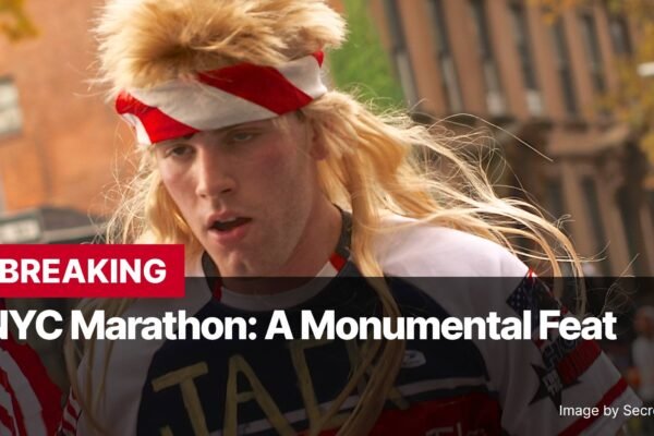 Photo by Capitalist Money on November 02, 2024. May be an image of A runner with a blonde wig and an American flag headband runs the NYC Marathon. His expression is focused and determined. The image may contain text such as 'BREAKING NYC Marathon: A Monumental Feat Image by SecretName101'.