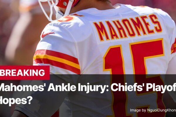 Photo by Capitalist Money on December 16, 2024. May be an image of Close-up view of the back of Patrick Mahomes' Kansas City Chiefs jersey, with the number 15 prominently displayed. The focus is on the jersey and the headline overlay suggesting concern over a potential ankle injury and its impact on the team's playoff hopes. The image may contain text such as 'MAHOMES', 'BREAKING', 'Mahomes' Ankle Injury: Chiefs' Playoff Hopes?', 'Image by NguoiDungKhongDinhDanh'.